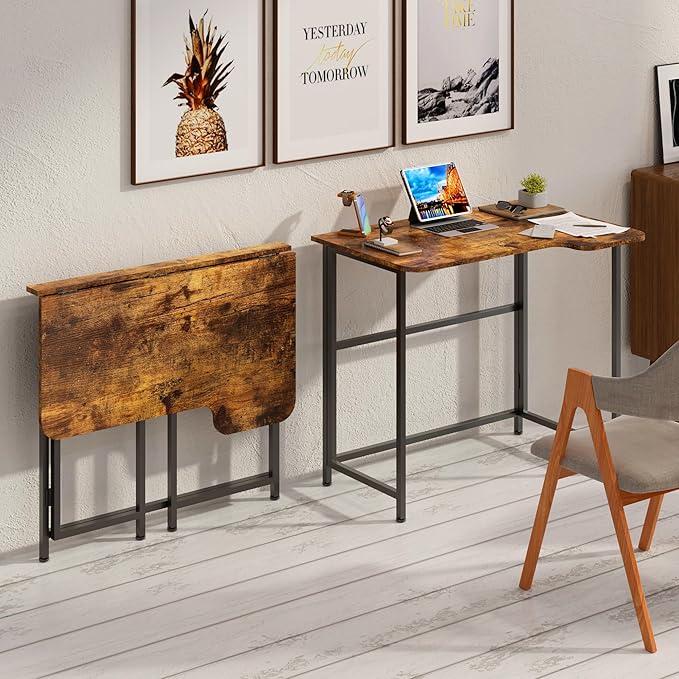 4NM 35.4" Small L Shaped Desk, Folding Computer Desk Home Office Desk, Foldable Bed Desk for Laptop for Small Space Offices - Rustic Brown and Black - LeafyLoom