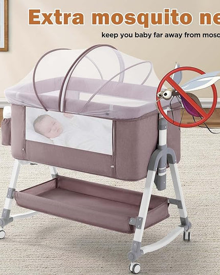 4 in 1 Baby Bassinet, Rocking Bassinets Bedside Sleeper with Comfy Mattress and Wheels, Height Adjustable Easy Folding Portable Bedside Crib for Newborn Infant,Khaki - LeafyLoom