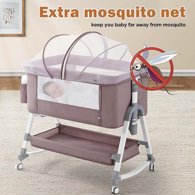 4 in 1 Baby Bassinet, Rocking Bassinets Bedside Sleeper with Comfy Mattress and Wheels, Height Adjustable Easy Folding Portable Bedside Crib for Newborn Infant,Khaki - LeafyLoom