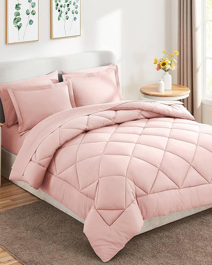 CozyLux King Comforter Set with Sheets 7 Pieces Bed in a Bag Pink All Season Bedding Sets with Comforter, Pillow Shams, Flat Sheet, Fitted Sheet and Pillowcases - LeafyLoom