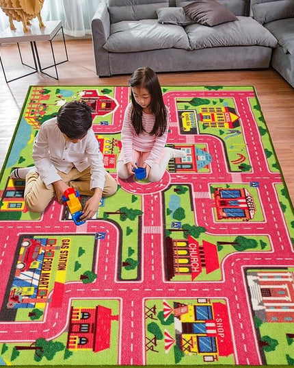 Kids Carpet Playmat Rug 59"x39.4", Car Rug for Kids Cars, Non-Slip Town City Road Map Kids Rug for Playroom Bedroom Boys, Kids Car Mat Road Rug, Track Rug Car Play Rug for Kids (59X39.4 INCH-Pink) - LeafyLoom