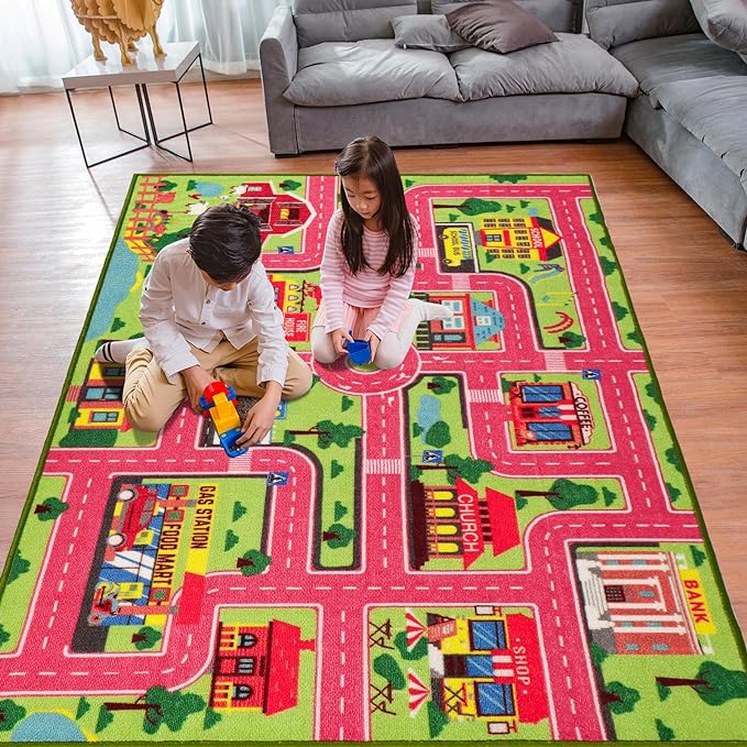 Kids Carpet Playmat Rug 59"x39.4", Car Rug for Kids Cars, Non-Slip Town City Road Map Kids Rug for Playroom Bedroom Boys, Kids Car Mat Road Rug, Track Rug Car Play Rug for Kids (59X39.4 INCH-Pink) - LeafyLoom