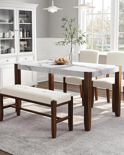 NicBex Dining Table Set for 4 Kitchen Table Set Modern 46" Faux Marble Style Table and 2 Upholstered Chairs & Bench with Wood Legs for Kitchen, Space-Saving, Off White - LeafyLoom