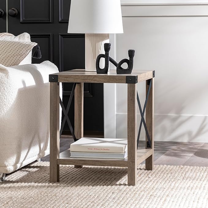 Walker Edison Georgetown Modern Farmhouse Double Barn Door TV Stand for TVs up to 80 Inches, 70 Inch, Grey Wash, Without Fireplace & Sedalia Modern Farmhouse Metal X Side Table, 18 Inch, Grey Wash - LeafyLoom
