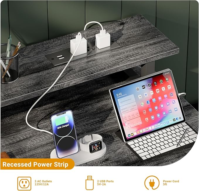 47 inch Computer Desk with Power Outlets, Gaming desk with LED Lights, Home Office Work Desk with Monitor Shelf, Modern Office Desk Study Writing Table for Small Spaces, Black Oak - LeafyLoom