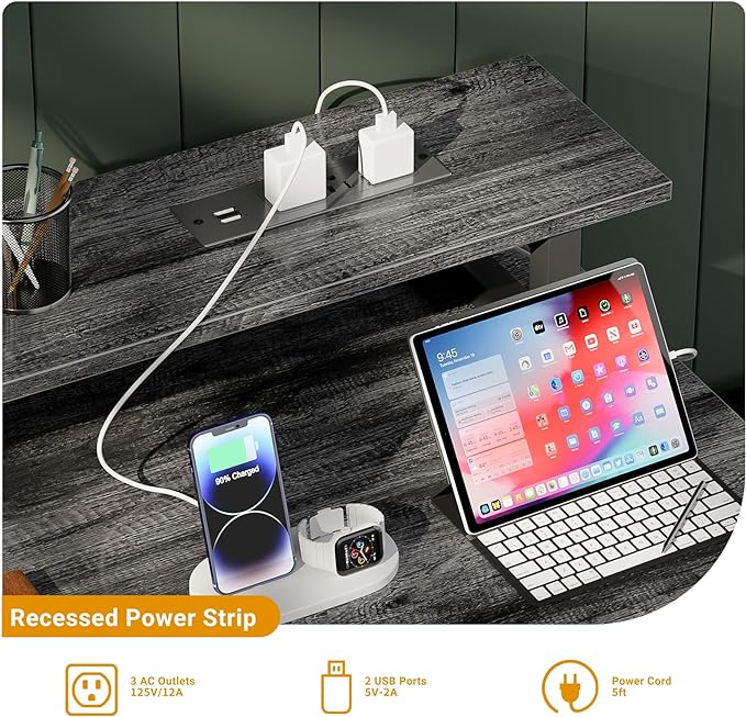 55 inch Computer Desk with Power Outlets, Office Desk Gaming desk with LED Lights, Home Office Desk with Monitor Shelf, Modern Work Desk Study Writing Table for Bedroom, Black Oak - LeafyLoom