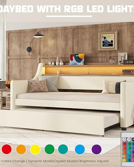 Twin Size Daybed with Trundle, Upholstered Daybed with Charging Station and LED Lights, PU Leather Fabric Bedframe w/Headboard & Wood Slat Support, White - LeafyLoom