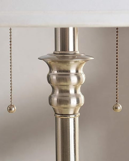 Kenroy Home 30437BS-OOR Spyglass Double Outlet Table Lamp with Brushed Steel Finish, Classic Style, 30.5" Height, 17" Width, 17" Depth - LeafyLoom