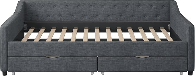 Full Size Daybed with Drawers, Linen Upholstered Tufted Sofa Bed Frame with Button on Back, Waved Shape Arms, Wooden Slats Support, Space-Saving, for Apartment, Bedroom, Dark Grey - LeafyLoom