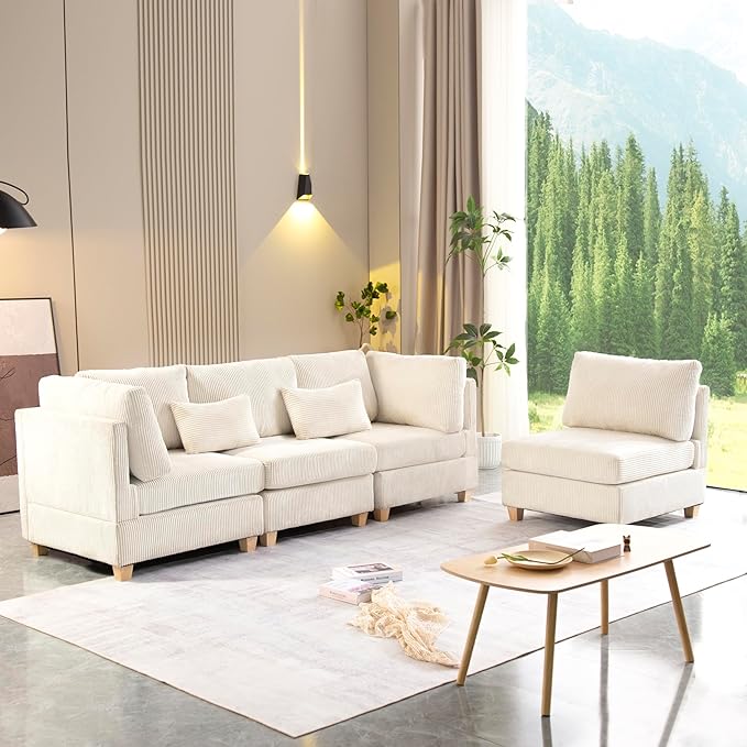 Free Combination Convertible Modular Sectional Sofa with Movable Ottoman, L Shaped Reversible Sleeper Corner Couch with Solid Wood Legs, Comfy Corduroy Upholstered Sofa&Couches for Living Room - LeafyLoom