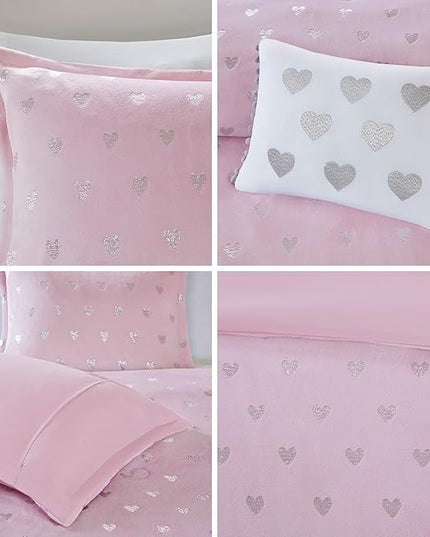 Mi Zone Rosalie Comforter Set for Girls, Ultra-Soft Microlight Plush Metallic Printed Hearts Brushed Reverse Overfilled Down Alternative Hypoallergenic All Season, , Full/Queen, Pink/Silver, 4 Piece - LeafyLoom