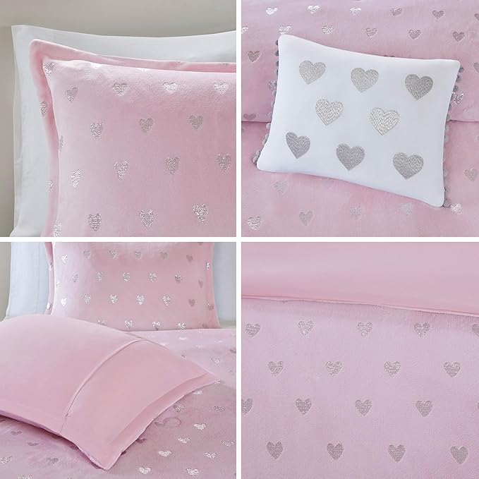 Mi Zone Rosalie Comforter Set for Girls, Ultra-Soft Microlight Plush Metallic Printed Hearts Brushed Reverse Overfilled Down Alternative Hypoallergenic All Season, , Full/Queen, Pink/Silver, 4 Piece - LeafyLoom