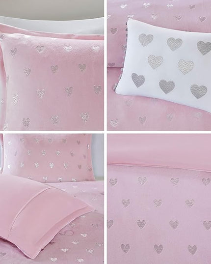 Mi Zone Rosalie Comforter Set for Girls, Ultra-Soft Microlight Plush Metallic Printed Hearts Brushed Reverse Overfilled Down Alternative Hypoallergenic All Season, Twin/Twin XL, Pink/Silver, 3 Piece - LeafyLoom