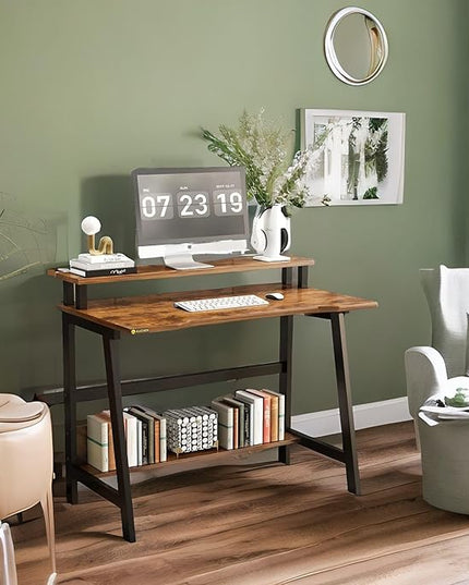 Small Computer Desk for Small Spaces - 33.5" Inch Modern Writing Table with Monitor Storage Shelf for Home Office and Study, Compact Laptop Desk in Simple and Sleek Style - LeafyLoom