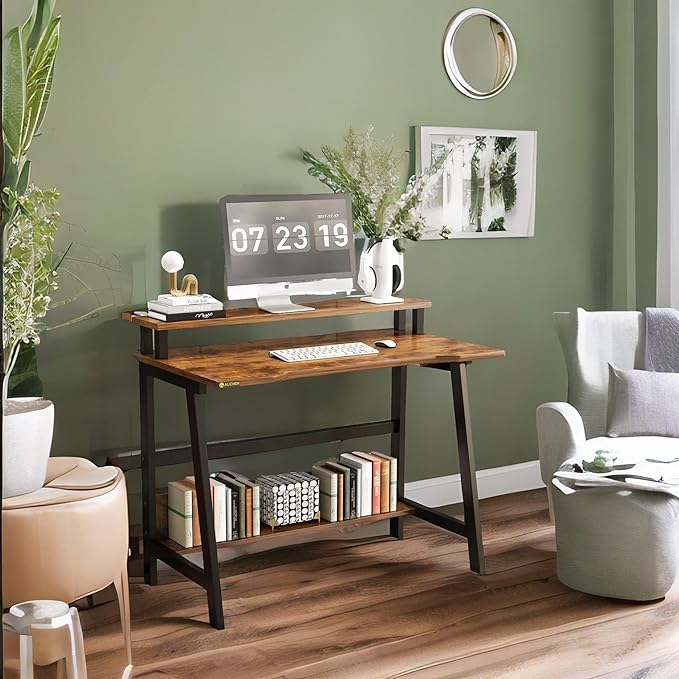 Small Computer Desk for Small Spaces - 33.5" Inch Modern Writing Table with Monitor Storage Shelf for Home Office and Study, Compact Laptop Desk in Simple and Sleek Style - LeafyLoom