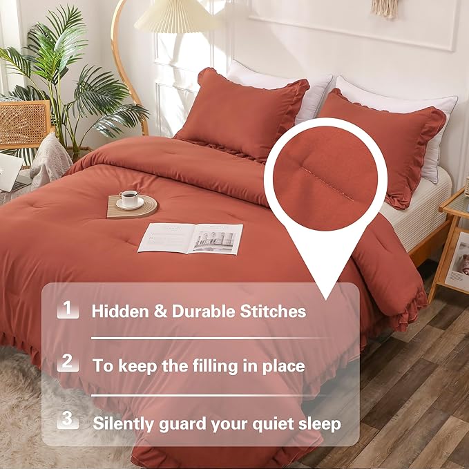 Terracotta Double Ruffle Comforter Set King Size (104x90 Inch), 3 Pcs Farmhouse Vintage Comforter Set (1 Ruffled Comforter and 2 Pillowcase), Rustic All Season Down Alternative Bedding Set - LeafyLoom