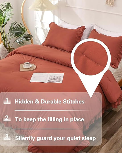 Terracotta Double Ruffle Comforter Set Twin Size (66x90 Inch), 2 Pcs Farmhouse Vintage Comforter Set (1 Ruffled Comforter and 1 Pillowcase), Rustic All Season Down Alternative Bedding Set - LeafyLoom