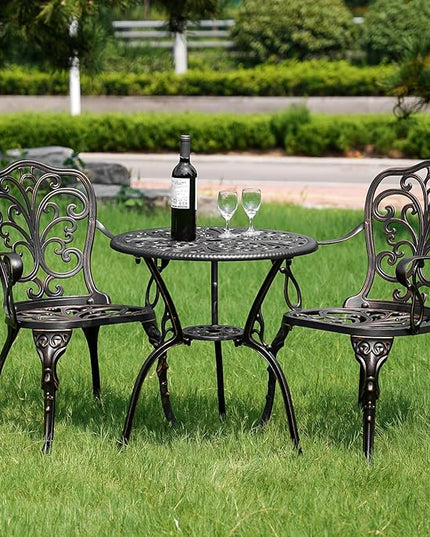 3 Piece Patio Furniture Dining Set Aluminum Patio Bistro Set Outdoor Furniture with Umbrella Hole for Yard, Balcony, Bronze - LeafyLoom