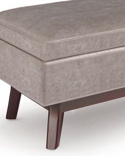 SIMPLIHOME Owen 36 Inch Wide Mid Century Modern Rectangular Coffee Table Lift Top Storage Ottoman in Upholstered Distressed Grey Taupe Faux Leather, For the Living Room - LeafyLoom