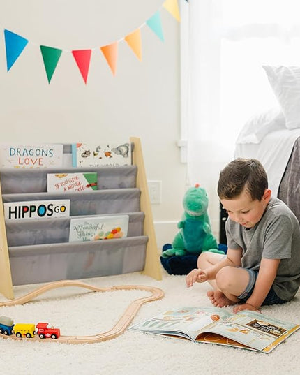 Wildkin Kids Canvas Sling Bookshelf for Boys and Girls, Wooden Design Features Four Fabric Shelves, Keep Bedrooms, Playrooms, and Classrooms Organized, Measures 25 x 24 x 11 Inches (Natural w/ Gray) - LeafyLoom