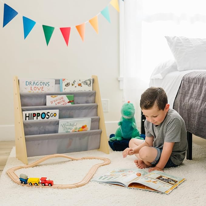 Wildkin Kids Canvas Sling Bookshelf for Boys and Girls, Wooden Design Features Four Fabric Shelves, Keep Bedrooms, Playrooms, and Classrooms Organized, Measures 25 x 24 x 11 Inches (Natural w/ Gray) - LeafyLoom