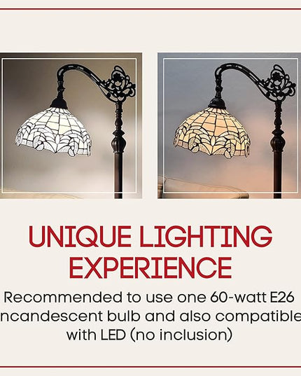 Amora Tiffany Floor Lamp - Arched, Stained Glass 62” - Traditional White Mahogany with Foot Switch Operation and Adjustable Lamp Shade - Custom Handcrafted Floor Lamps for Living Room - LeafyLoom