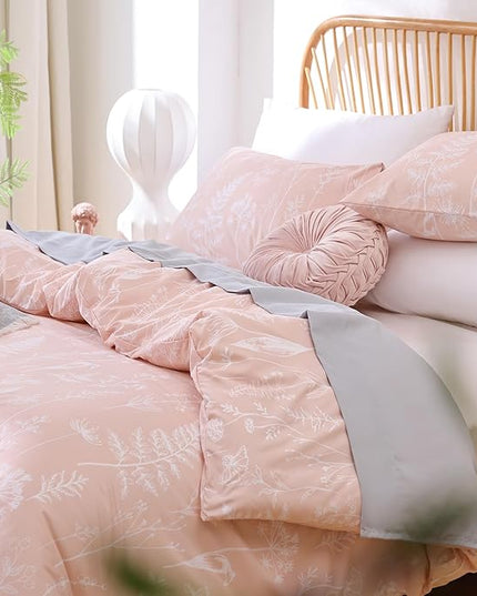 JANZAA Pink Comforter Set Queen Floral Comforter Set 3 PCS Cute Bedding Sets Blush Comforter Set Plant Flowers Printed on Fluffy Comforter Set for All Season - LeafyLoom