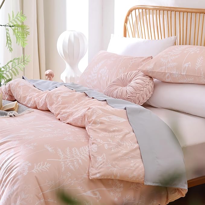 JANZAA King Size Comforter Set Floral Comforter Set 3 PCS Bedding Sets Pink Comforter Set Flowers Printed on Fluffy Comforter Set for All Season - LeafyLoom