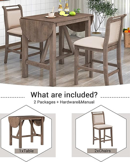 Dining Room Table Set for 2, 3-Piece Wood Counter Height Dining Table Set with Drop Leaf and 2 Upholstered Dining Chairs for Small Place, Rust Brown - LeafyLoom