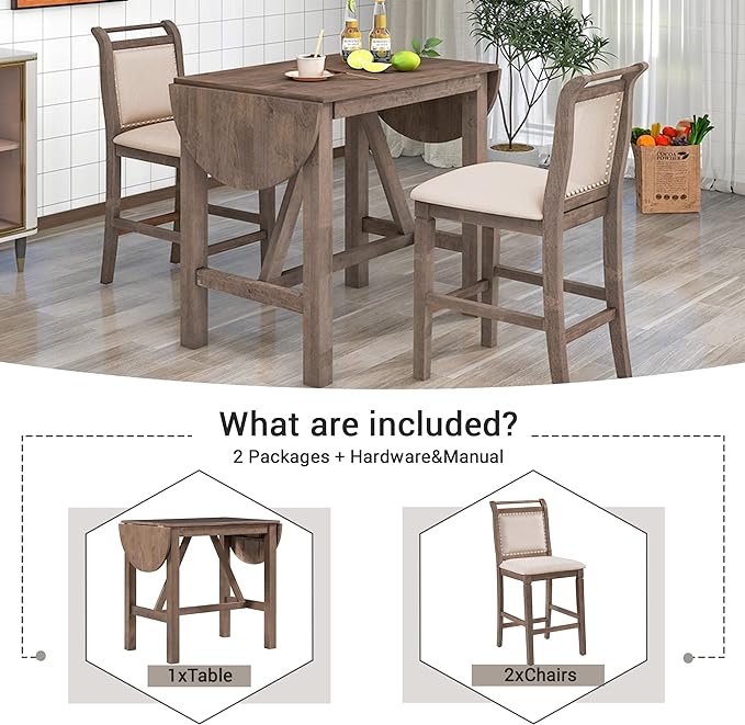 Dining Room Table Set for 2, 3-Piece Wood Counter Height Dining Table Set with Drop Leaf and 2 Upholstered Dining Chairs for Small Place, Rust Brown - LeafyLoom