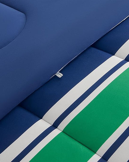 SLEEP ZONE Teens Boys Green Navy Stripe Kids Jersey Knit Comforter Set, Cute & Soft Bedding Set 2 Pieces with Comforter and Pillowcase, Washable, Easy Care (Rugby Stripe Navy/Green, Twin) - LeafyLoom