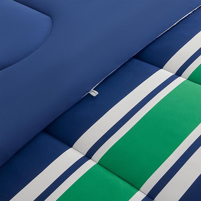 SLEEP ZONE Jersey Knit 3 Pieces Kids Comforter Set, Navy Gree Rugby Stripe Design for Boys and Teens. Durable, Breathable and Easy Care, All Season Use (Rugby Stripe Navy/Green, Full/Queen) - LeafyLoom