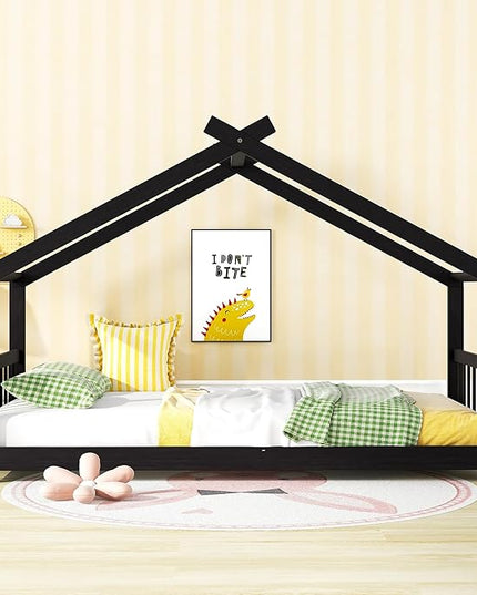 Montessori Floor Bed Frame Twin Size, Twin Floor Bed Frame with Headboard, Footboard and Slats, Wood Montessori Bed Frame/Montessori House Bed for Kids, Girls, Boys(Espresso) - LeafyLoom