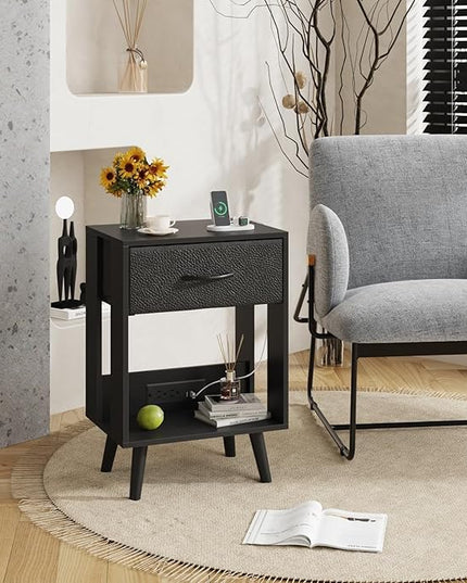 Nightstand with Charging Station and Fabric Drawer, Side Table with Storage for Bedroom, Night Stand with Open Wood Shelf for Bedroom, Bedside Tables - Black - LeafyLoom
