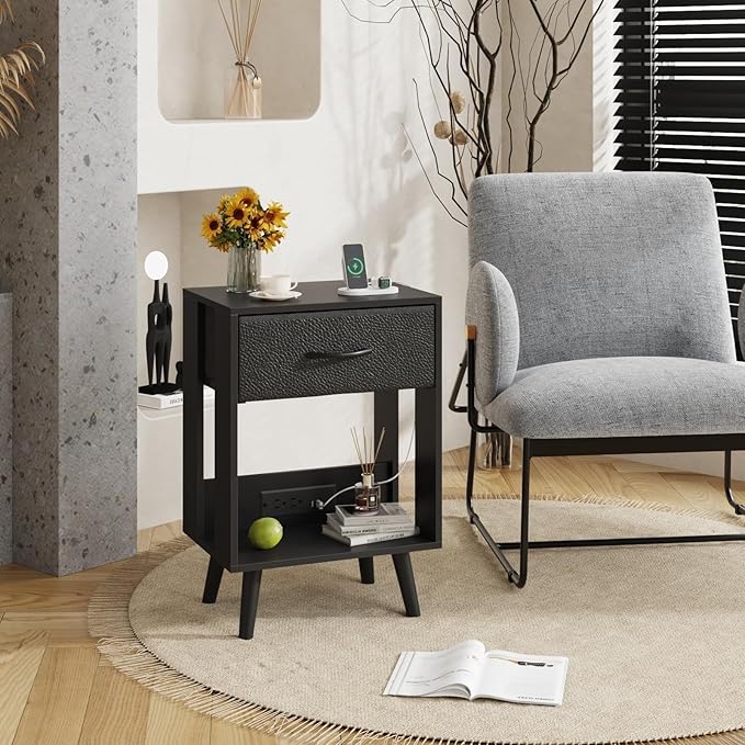 Nightstand with Charging Station and Fabric Drawer, Side Table with Storage for Bedroom, Night Stand with Open Wood Shelf for Bedroom, Bedside Tables - Black - LeafyLoom