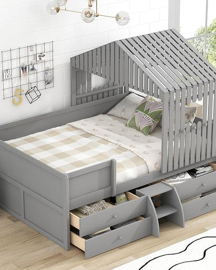 Full Size Low Loft Bed, Wooden House Shaped Loft Bed Frame with 4 Storage Drawers for Kids Teens Boys Girls, Easy Assembly, No Box Spring Needed, Gray - LeafyLoom