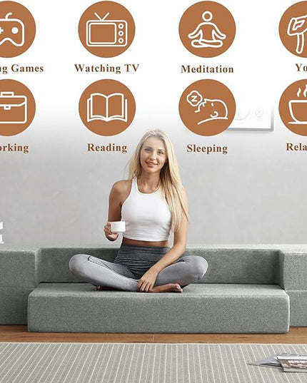 Convertible Folding Sofa - Modern Linen Fabric Coffee Table, Foldable Floor&Futon Couch, Space-Saving Chair with Pillow for Living Room/Dorm/Guest Room/Home Office/Apartment,Twin XL,Light Gray - LeafyLoom