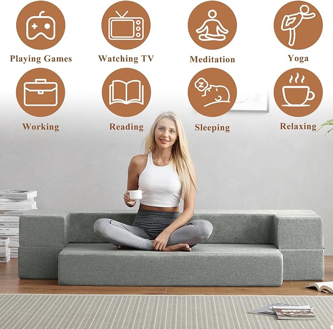 Convertible Folding Sofa - Modern Linen Fabric Coffee Table, Foldable Floor&Futon Couch, Space-Saving Chair with Pillow for Living Room/Dorm/Guest Room/Home Office/Apartment,Twin XL,Light Gray - LeafyLoom