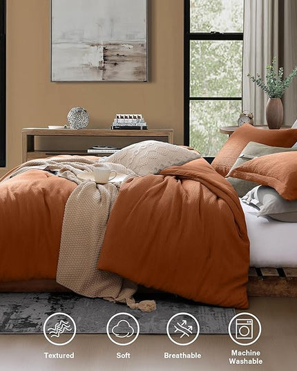 Burnt Orange King Size Comforter Set, Premium Summer King Bedding Set 3 Piece, Crinkle Design King Bed Set with Minimalist Comforter & Shams (King, 102"x90") - LeafyLoom