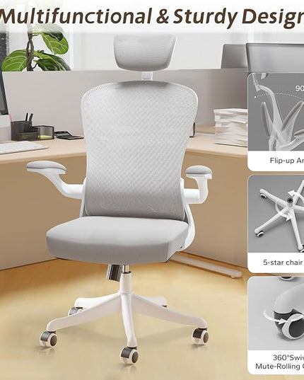 Ergonomic Office Chair Home Desk Office Chair with Flip-Armrest & Cushion for Lumbar Support, high Back Computer Chair with Thickened Cushion Desk Chairs Ngray - LeafyLoom
