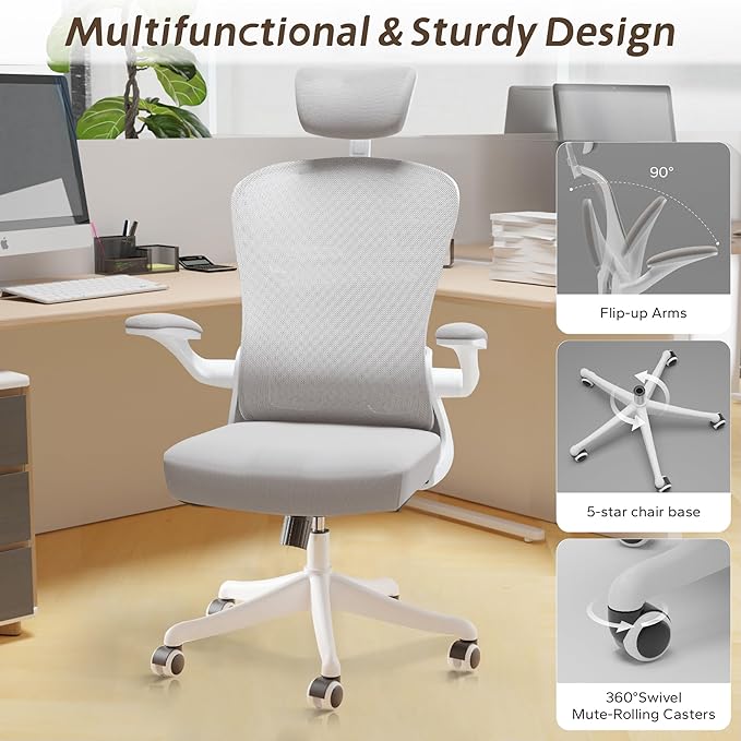 Ergonomic Office Chair Home Desk Office Chair with Flip-Armrest & Cushion for Lumbar Support, high Back Computer Chair with Thickened Cushion Desk Chairs Ngray - LeafyLoom