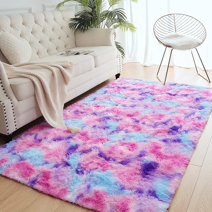 AROGAN Soft Rainbow Area Rugs for Girls Room 6x9 Feet, Fluffy Girls Bedroom Rugs, Princess Rug, Cute Colorful Carpet for Kids Teens Nursery Toddler, Hot Pink - LeafyLoom