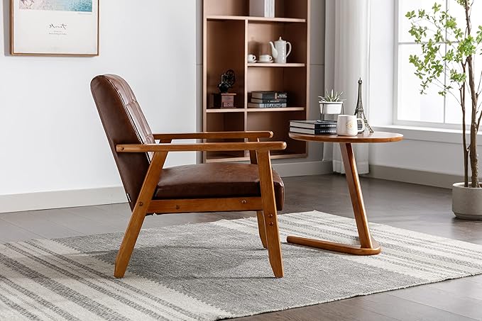 Mid-Century Accent, Modern Single Armchair, Upholstered Leisure Lounge Chair wth Solid Wood Armrest and Feet for Living Room, Bedroom, Office, Brown - LeafyLoom