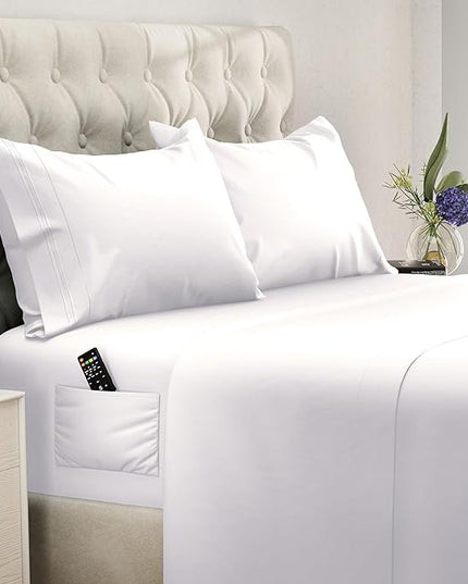 DREAMCARE Queen Size Sheets - Cooling Bed Sheets - 4pcs Set - up to 15" Deep Pocket Queen Sheet Set - Sheets Queen Size Bed - Soft & Long Lasting 100% Fine Brushed Polyester with Side Pocket - White - LeafyLoom