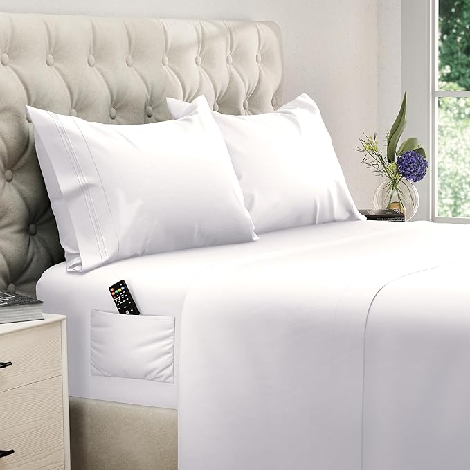 DREAMCARE Queen Size Sheets - Cooling Bed Sheets - 4pcs Set - up to 15" Deep Pocket Queen Sheet Set - Sheets Queen Size Bed - Soft & Long Lasting 100% Fine Brushed Polyester with Side Pocket - White - LeafyLoom