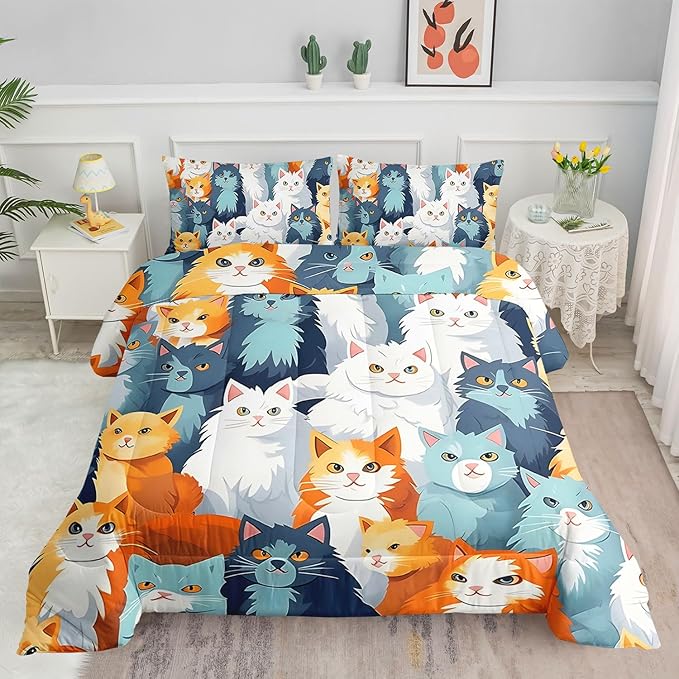Datura home Kids Comforter Set Cute Cats Printed Pattern Bedding Set with 1 Comforter and 2 Pillowcases for Girls Boys Bedroom All Season(Cat Queen) - LeafyLoom
