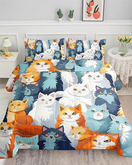Datura home Kids Comforter Set Cute Cats Printed Pattern Bedding Set with 1 Comforter and 2 Pillowcases for Girls Boys Bedroom All Season(Cat Full) - LeafyLoom