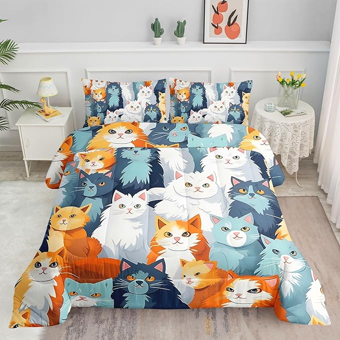 Datura home Kids Comforter Set Cute Cats Printed Pattern Bedding Set with 1 Comforter and 2 Pillowcases for Girls Boys Bedroom All Season(Cat Twin) - LeafyLoom