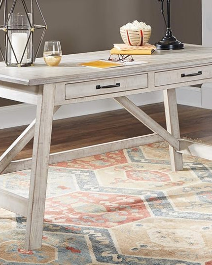 Signature Design by Ashley Carynhurst Farmhouse 60" Home Office Desk with Drawers, Distressed White & Bellaby Farmhouse Pier with 3 Adjustable Shelves, Whitewash - LeafyLoom