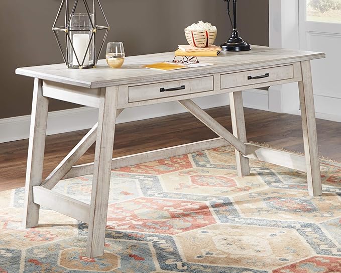Signature Design by Ashley Carynhurst Farmhouse 60" Home Office Desk with Drawers, Distressed White & Bellaby Farmhouse Pier with 3 Adjustable Shelves, Whitewash - LeafyLoom